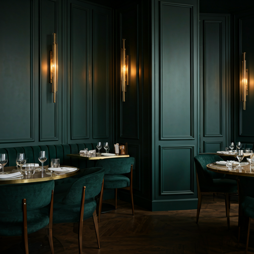 A modern restaurant interior with ambient lighting